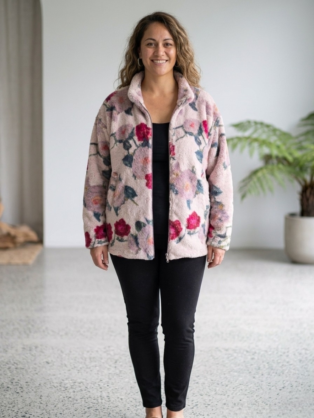 Plush Floral Zip-Up Jacket in Blush Pink